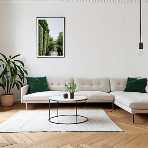 Home 17 **
A minimalist Parisian apartment interior. White walls, light parquet flooring, a few green plants, and a convertible sofa. Focus on a bright, serene, and uncluttered space.
**