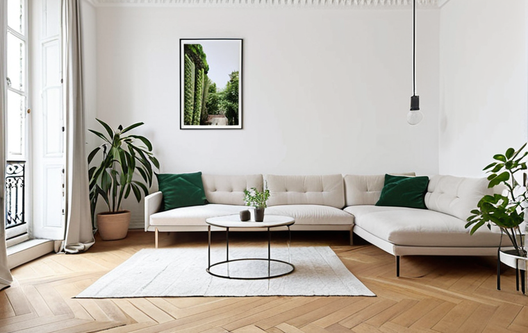 **
A minimalist Parisian apartment interior. White walls, light parquet flooring, a few green plants, and a convertible sofa. Focus on a bright, serene, and uncluttered space.
**