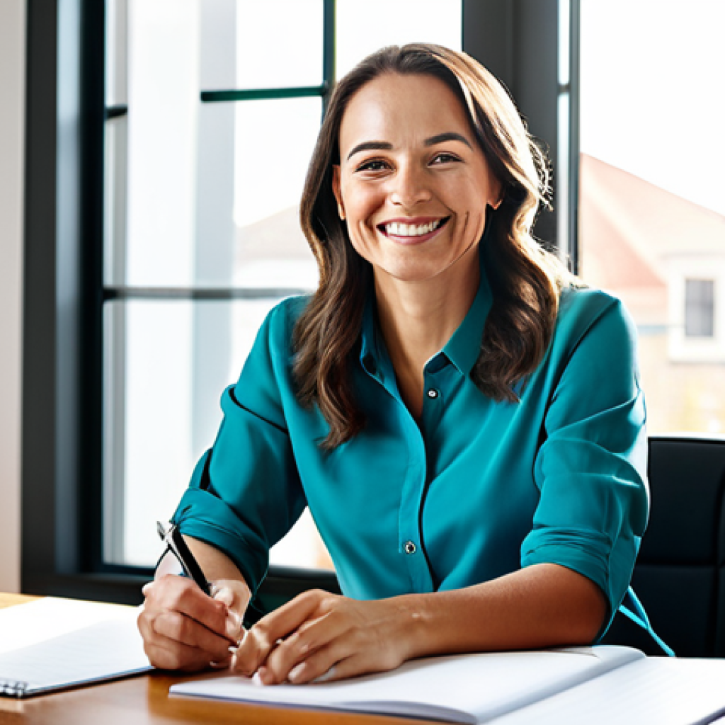 **

A professional woman, fully clothed in a modest business casual outfit (e.g., blouse and slacks), sits at a desk in a bright, modern home office. She is smiling slightly, with a notepad and pen in front of her. Sunlight streams in from a nearby window. Focus on her relaxed yet focused expression. Safe for work, appropriate content, family-friendly, perfect anatomy, correct proportions, natural pose, well-formed hands, proper finger count, professional, high quality.

**