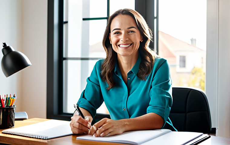 **
A professional woman, fully clothed in a modest business casual outfit (e.g., blouse and slacks), sits at a desk in a bright, modern home office. She is smiling slightly, with a notepad and pen in front of her. Sunlight streams in from a nearby window. Focus on her relaxed yet focused expression. Safe for work, appropriate content, family-friendly, perfect anatomy, correct proportions, natural pose, well-formed hands, proper finger count, professional, high quality.
**