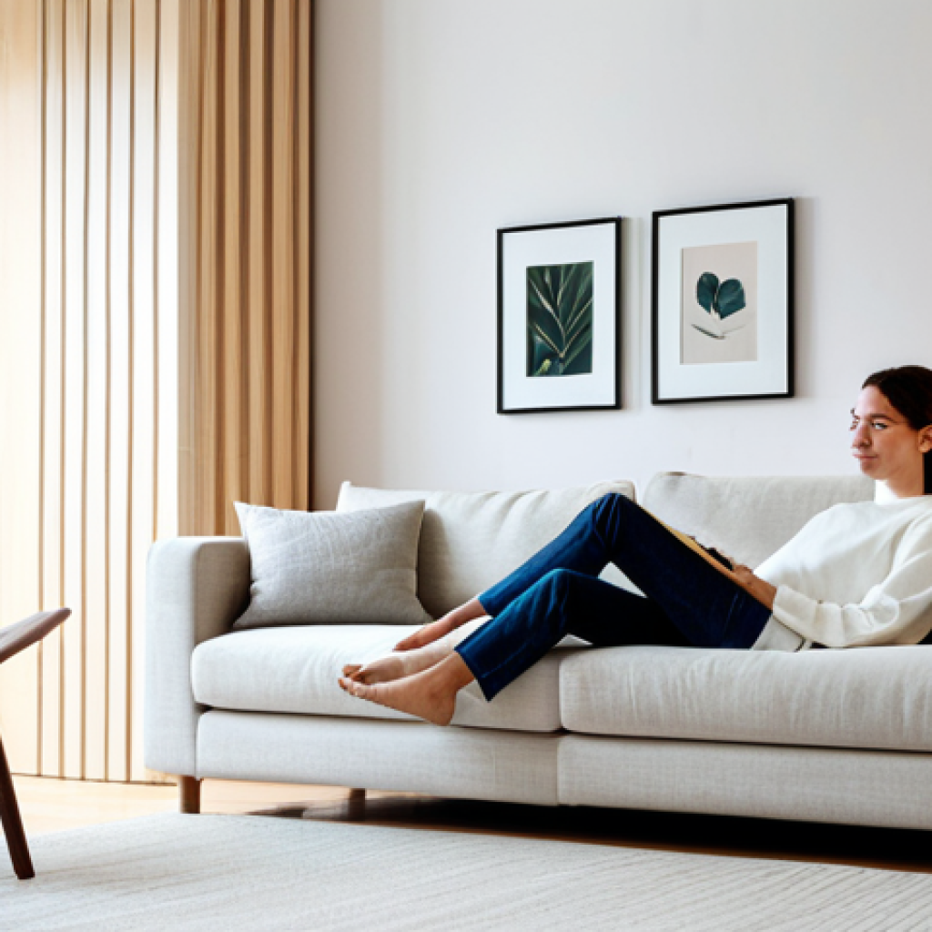 Minimalist Living Room**
"A bright, modern living room interior with minimalist decor, featuring hidden cables, multi-functional furniture, and natural materials like wood and linen. A woman, fully clothed in stylish, modest clothing, is relaxing on the sofa. Warm, inviting lighting. Safe for work, appropriate content, professional interior design photography, perfect anatomy, natural proportions."
**