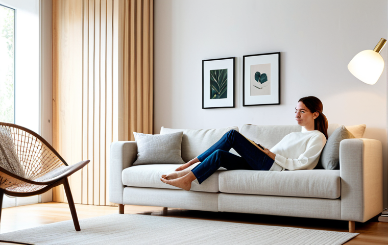 Minimalist Living Room**
"A bright, modern living room interior with minimalist decor, featuring hidden cables, multi-functional furniture, and natural materials like wood and linen. A woman, fully clothed in stylish, modest clothing, is relaxing on the sofa. Warm, inviting lighting. Safe for work, appropriate content, professional interior design photography, perfect anatomy, natural proportions."
**