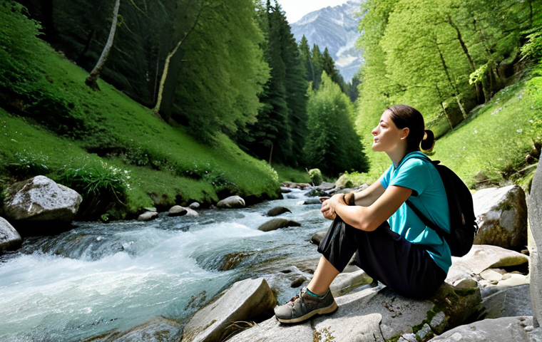 미니멀한 디지털 라이프를 위한 동기 부여 - Digital Detox in Nature**
A woman, fully clothed in modest hiking attire, sits peacefully on a rock...