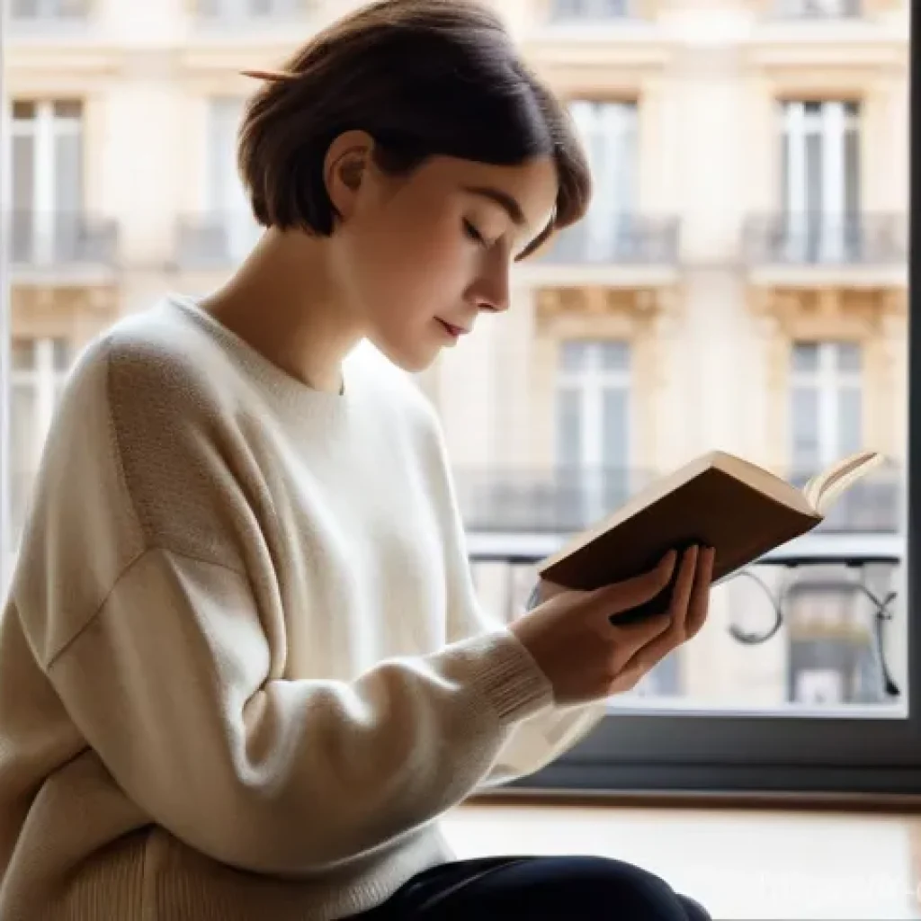디지털 미니멀리즘의 긍정적 영향 - A serene young woman, in her late 20s, with short, stylish hair, is comfortably dressed in a soft cr...