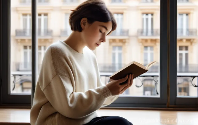 디지털 미니멀리즘의 긍정적 영향 - A serene young woman, in her late 20s, with short, stylish hair, is comfortably dressed in a soft cr...