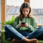 Home 19 모바일 기기에서의 미니멀리즘 실천 - **Prompt:** A young person, around 16 years old, wearing comfortable jeans and a simple, long-sleeve...