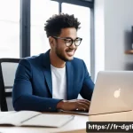 Home 17 미니멀한 디지털 라이프를 위한 버전 관리 - **Prompt 1: The Serene Digital Workspace**
A young professional, comfortably dressed in casual a...