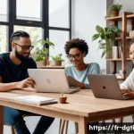 Home 16 미니멀한 디지털 라이프를 위한 커뮤니티 찾기 - A cozy digital minimalist community workspace scene: diverse adults collaborating around a large woo...