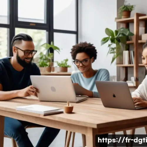 Home 28 미니멀한 디지털 라이프를 위한 커뮤니티 찾기 - A cozy digital minimalist community workspace scene: diverse adults collaborating around a large woo...
