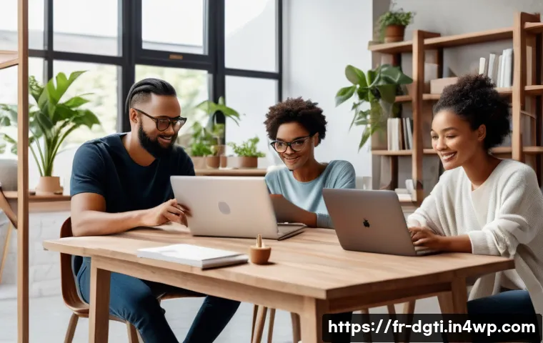 미니멀한 디지털 라이프를 위한 커뮤니티 찾기 - A cozy digital minimalist community workspace scene: diverse adults collaborating around a large woo...