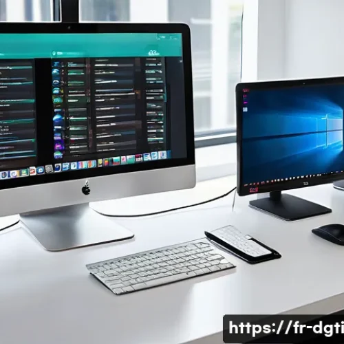 Home 15 미니멀한 데이터 저장 방법 비교 - A modern home office setup showcasing efficient local data storage: a sleek desktop computer with mu...
